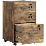 HOMCOM Three-Drawer Wood-Effect Filing Cabinet with Locks and Wheels – Under Desk Storage, Rustic Brown