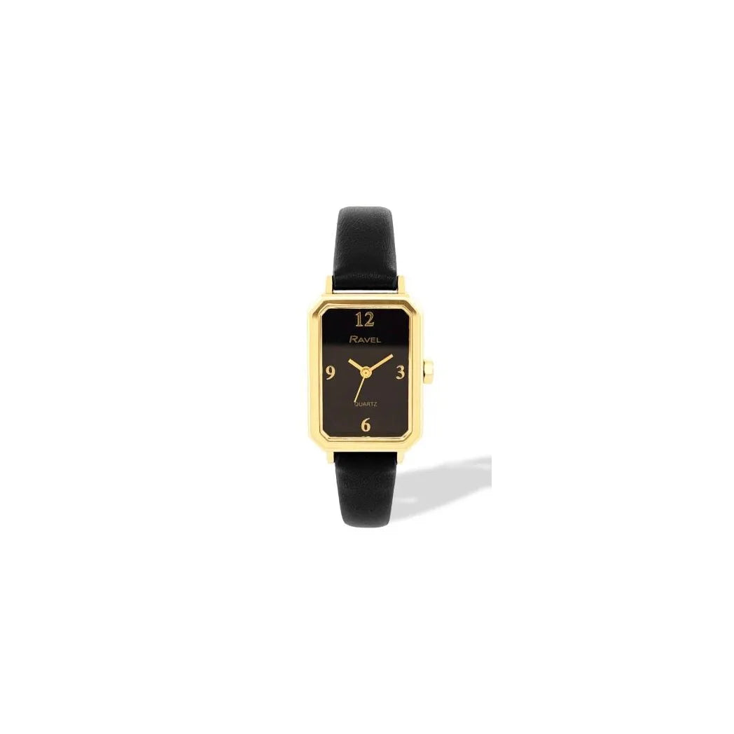 Ravel Ladies Rectangular Watch, Polished Gold-Tone Case, Black Faux Leather Strap, 16mm