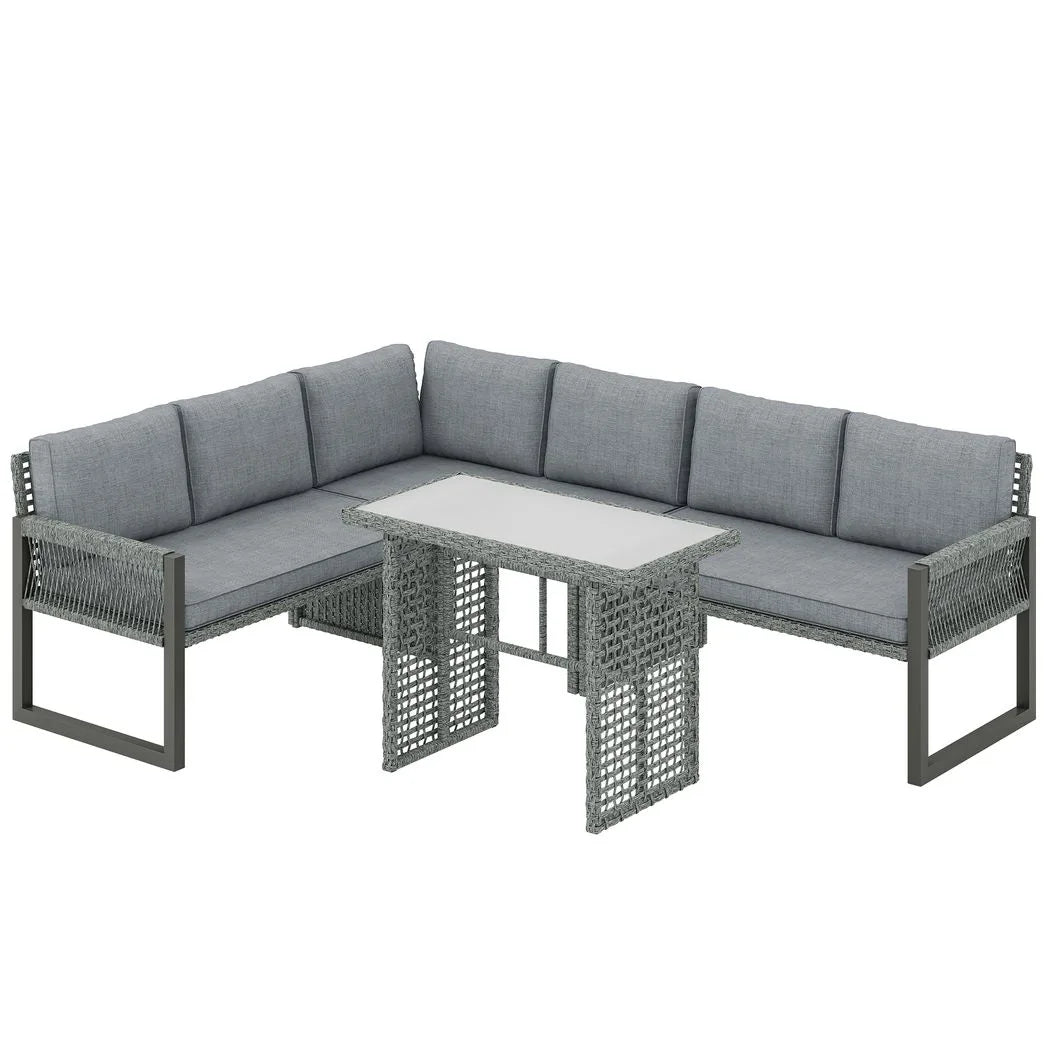 Outsunny 6 Seater Rattan Garden Furniture Set with 3 Loveseats and Glass Table – Modular Corner Sofa, Grey