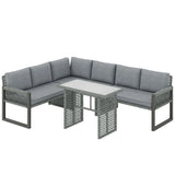 Outsunny 6 Seater Rattan Garden Furniture Set with 3 Loveseats and Glass Table – Modular Corner Sofa, Grey