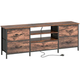 HOMCOM Industrial TV Stand with Charging Hub and 5 Fabric Drawers – Media Unit for 65 Inch TVs, Brown/Grey