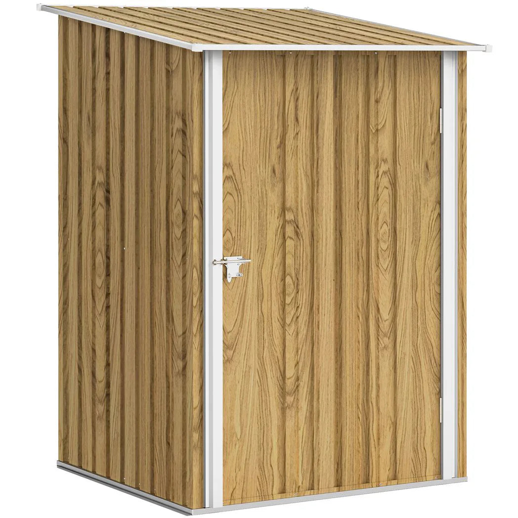 Outsunny Lean-To Steel Garden Shed with Locking Door – 3.3 x 3.4ft Tool Storage, Light Brown Wood Effect/White