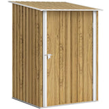 Outsunny Lean-To Steel Garden Shed with Locking Door – 3.3 x 3.4ft Tool Storage, Light Brown Wood Effect/White