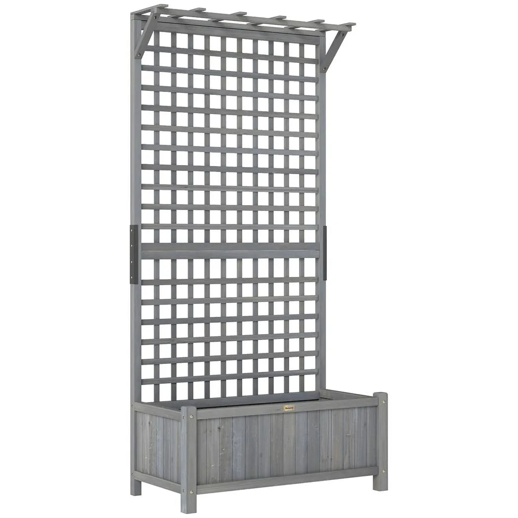Outsunny Raised Garden Bed with Trellis and Hanging Roof, Fir Wood Planter with Drainage Holes for Vegetables & Flowers, Dark Grey