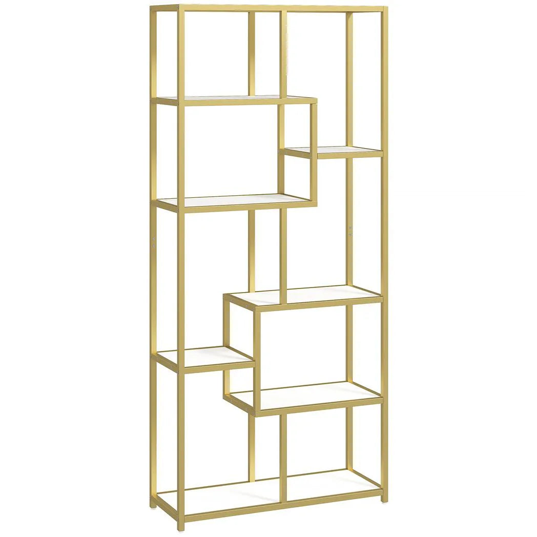 HOMCOM Seven-Tier Geometric Bookcase with Metal Frame – Asymmetrical Display Shelf, White/Gold Tone