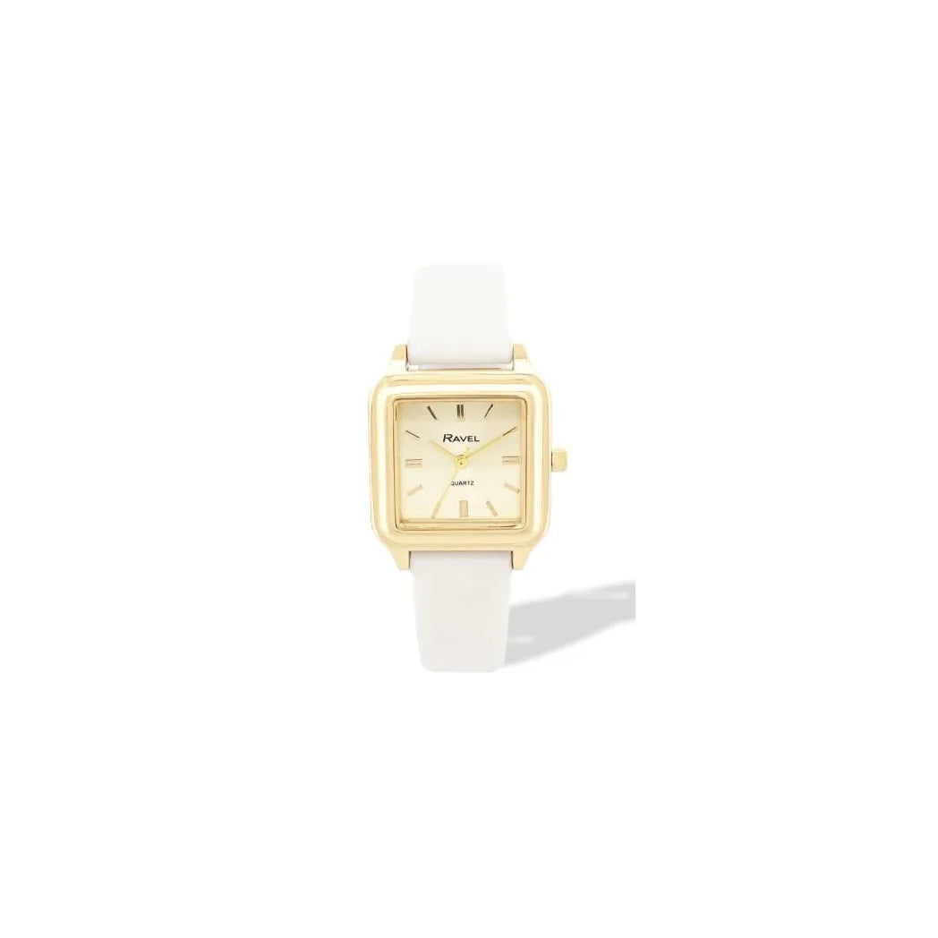 Ravel Ladies Summertime Square Gold-Tone Watch with White Faux Leather Strap, 28mm