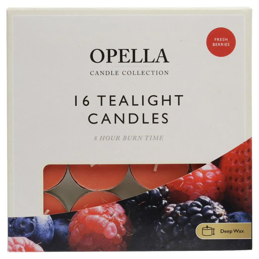 Opella Fresh Berries Scented Tealight Candles, Pack of 16 – 8 Hour Burn Time, Individually Wrapped
