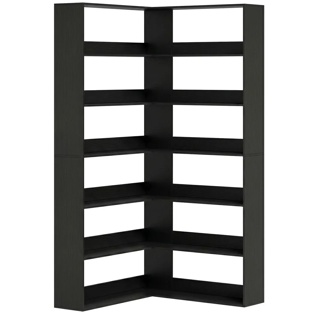 HOMCOM 7-Tier L-Shaped Corner Bookcase with Anti-Slip Rear Guards – 180 cm Display Shelf, Black Wood Effect