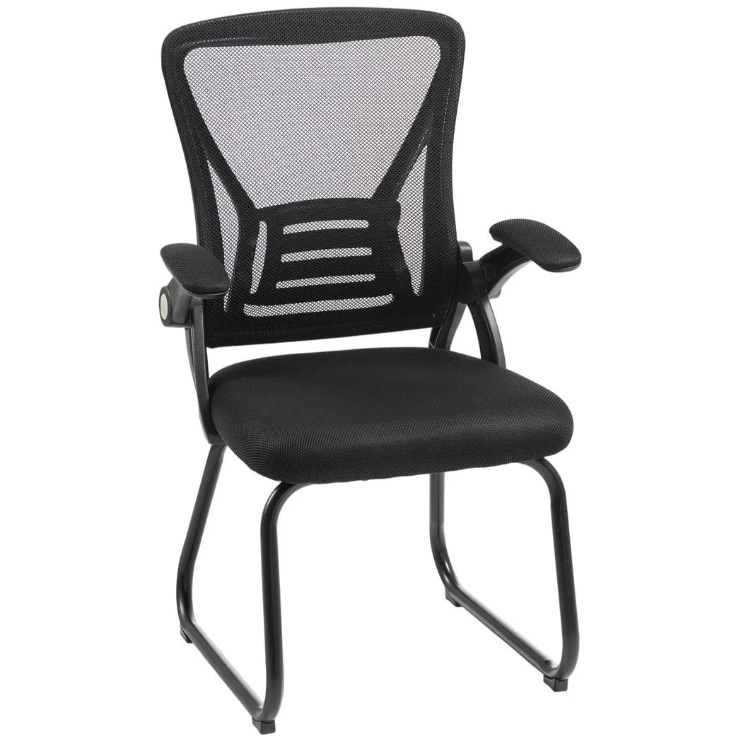 HOMCOM Reception Chair with Mesh Backrest and Flip-Up Armrests – Wheelless Office Chair, Steel Legs, Black