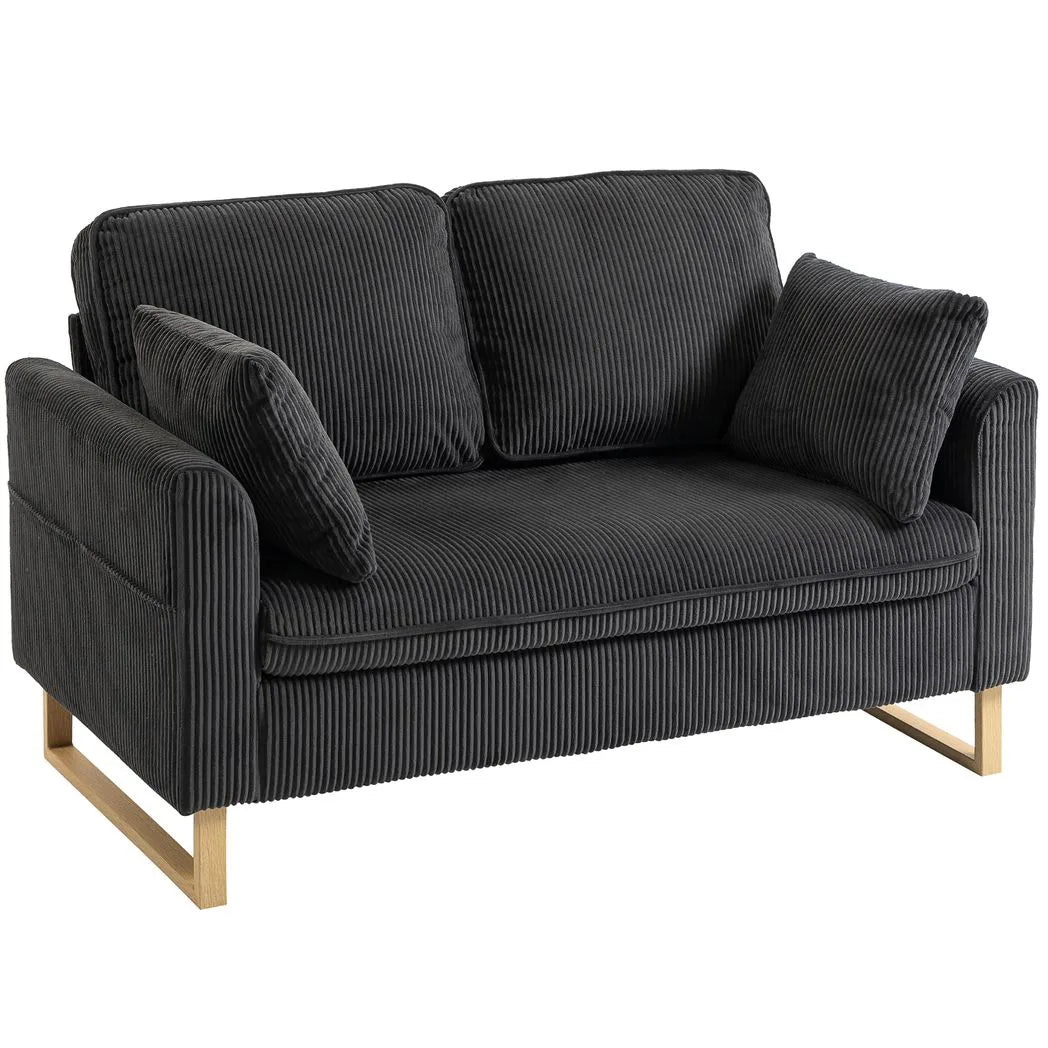 HOMCOM 2 Seater Sofa, 140 cm Corduroy Loveseat with Pocket Spring Cushions, Metal Legs & 2 Pillows – Dark Grey