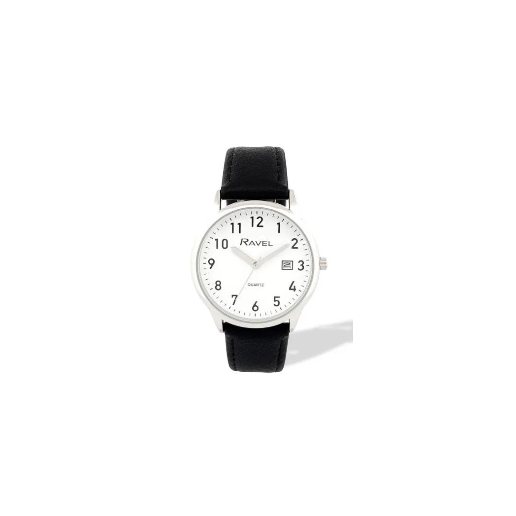 Ravel Men's Silver-Tone Dated Watch with White Dial and Black Faux Leather Strap