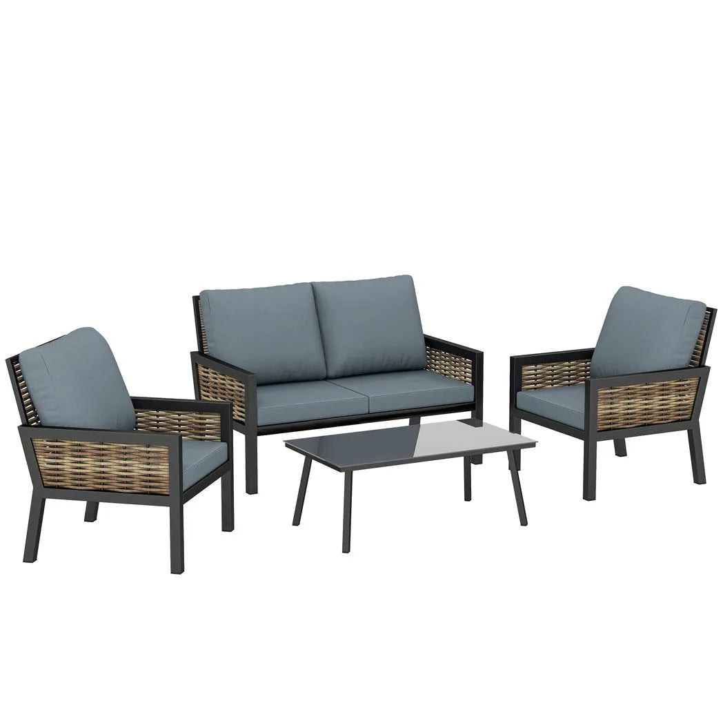 Outsunny 4-Seater Rattan Garden Furniture Set with 2 Armchairs, Loveseat & Coffee Table – Cushioned, Grey