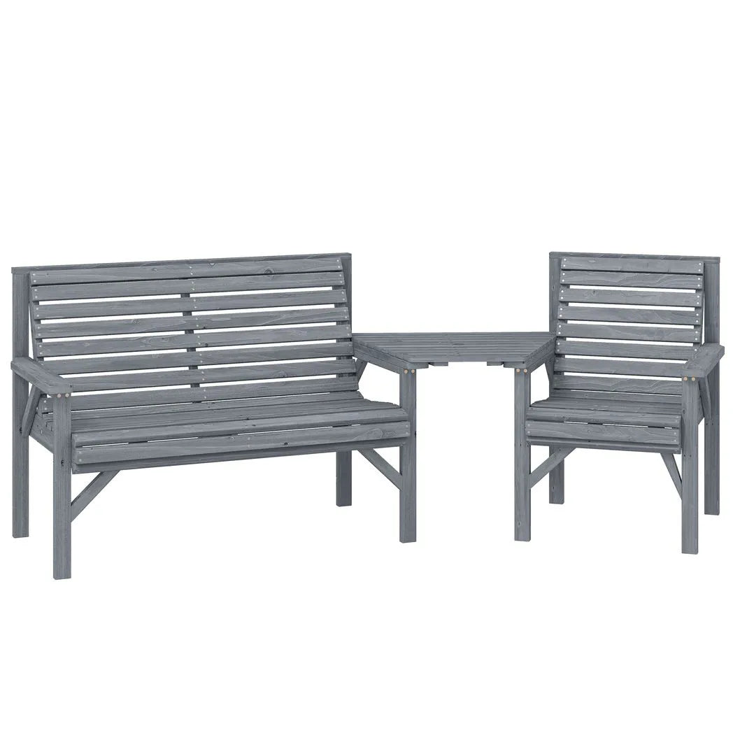 Outsunny 3 Piece Wooden Garden Bench Set – Armchair, Two-Seater Bench and Detachable Table with Parasol Hole, Grey