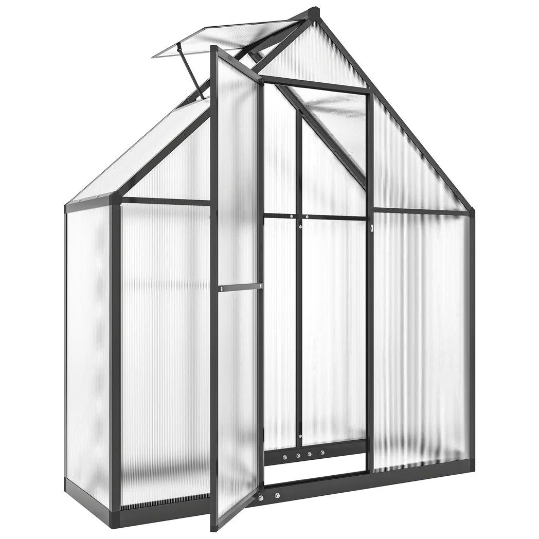 Outsunny 5.5 x 2ft Polycarbonate Walk-In Greenhouse with Push Door, Roof Vent & Rain Gutter – Quick Setup, Black