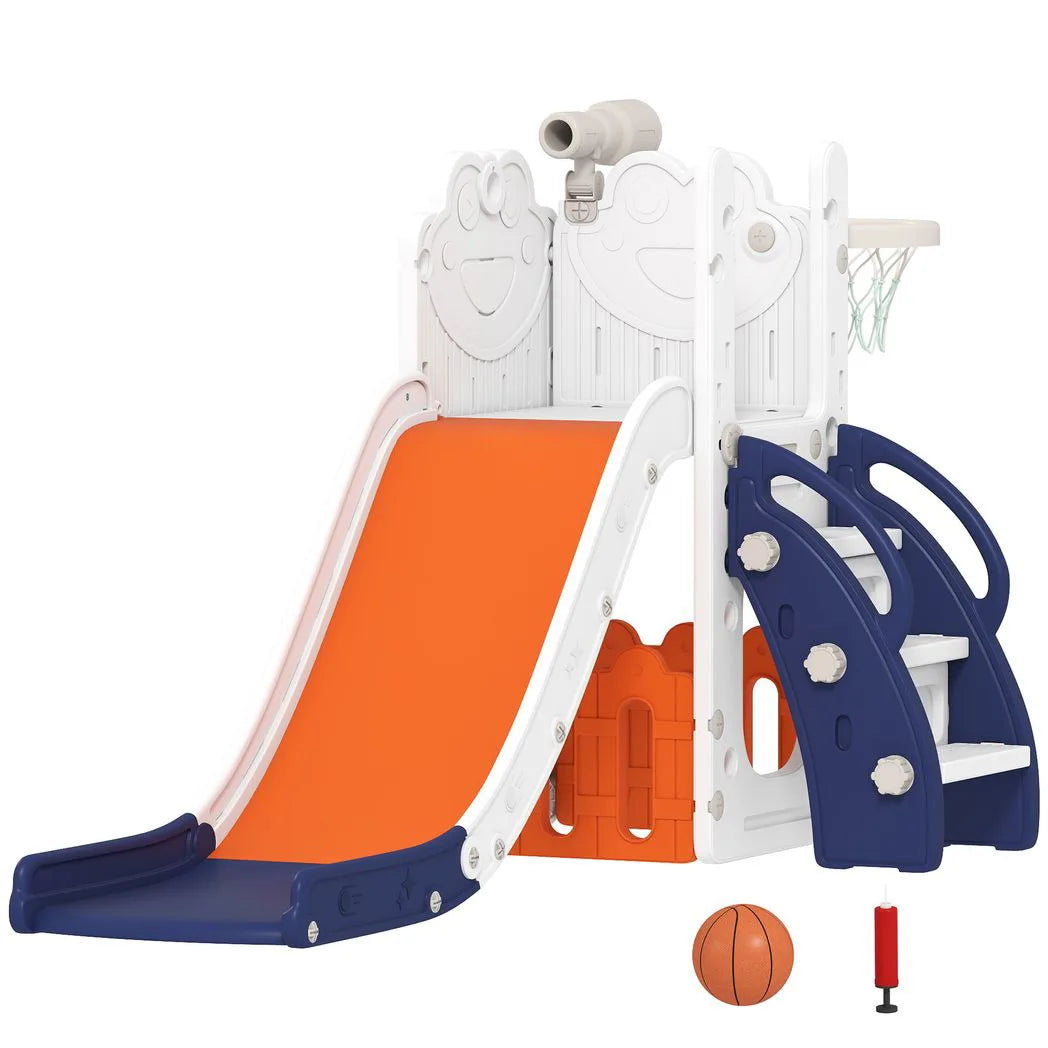 AIYAPLAY 5 in 1 Kids Slide Set with Basketball Hoop, Climbing Frame, Telescope & Storage Box – Toddlers 1-3