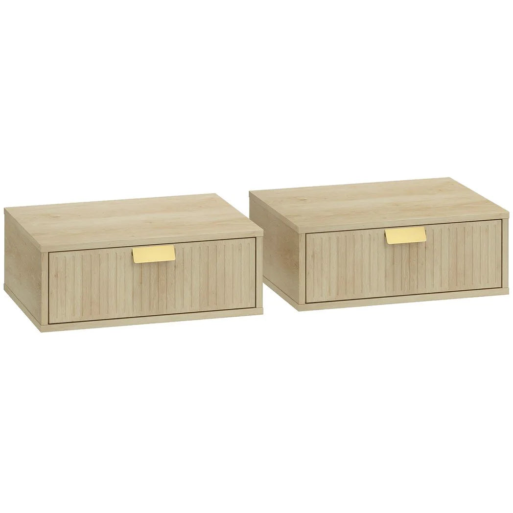 HOMCOM Floating Nightstands Set of 2 with Wave Drawers – Wall-Mounted Bedside Tables, Oak