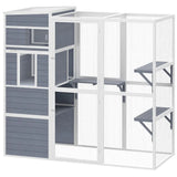 PawHut 4-Tier Wooden Catio Outdoor Cat Enclosure with Sun Roof, Resting Rooms, 3 Platforms & Window, Grey
