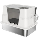 PawHut XL Stainless Steel Litter Box with 100° Flip Top, Scoop & Dual Entry – Odour-Free, Easy-Clean