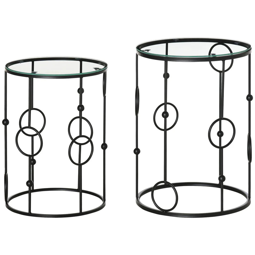 HOMCOM Nesting Round Coffee Table Set of 2 with Glass Tops – Space-Saving Side Tables, Black