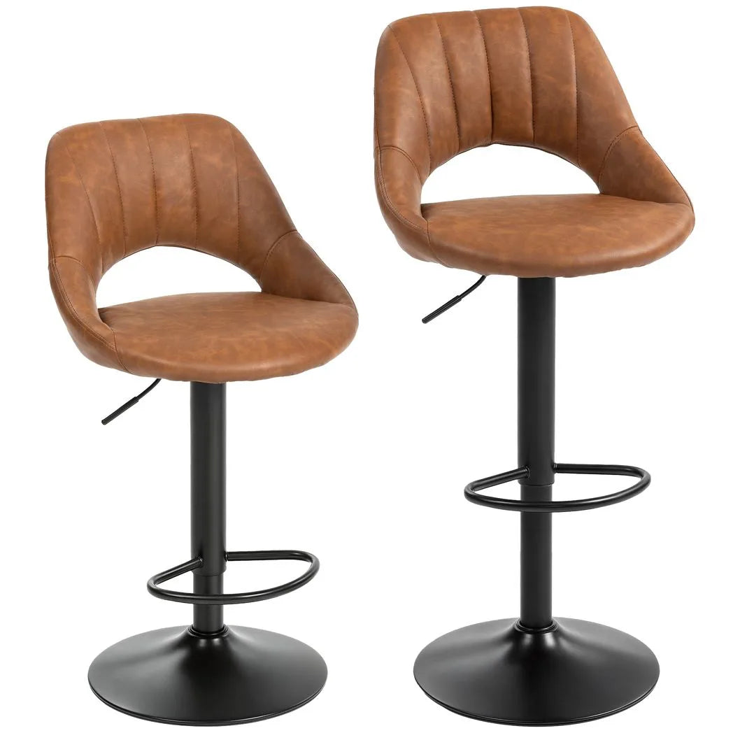 HOMCOM Set of 2 PU Leather Swivel Bar Stools with Backrest and Footrest – Adjustable Height, Brown