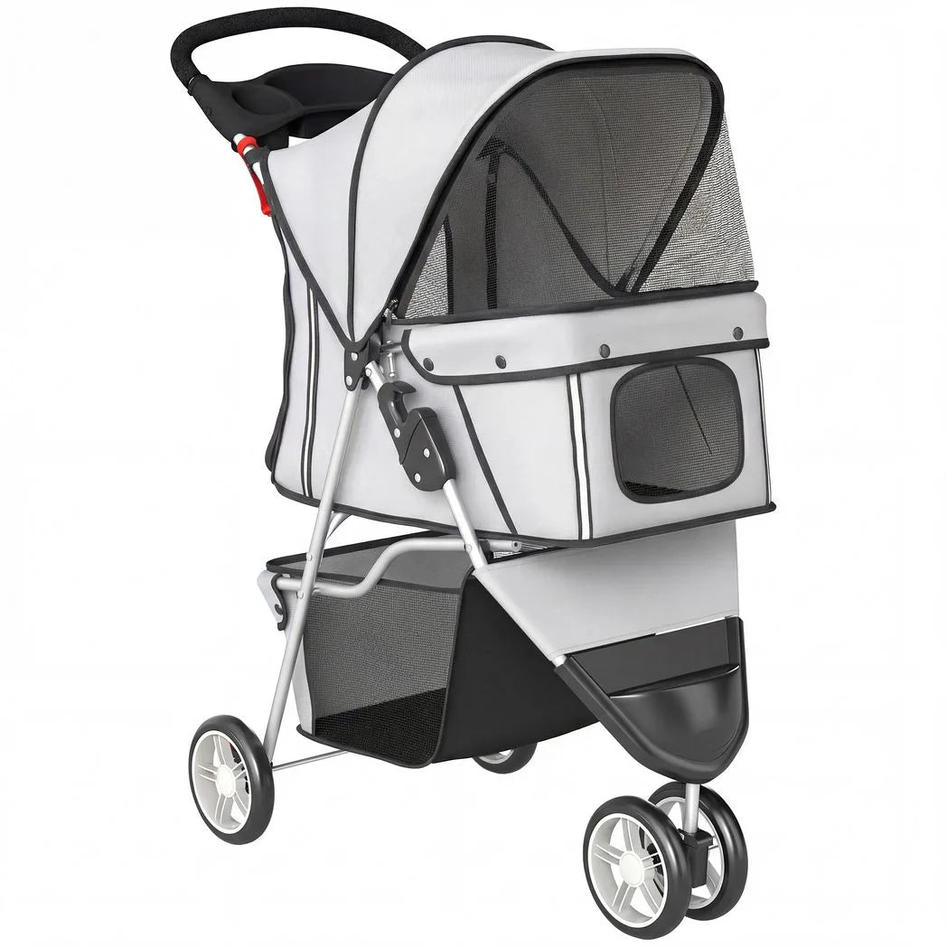 PawHut 3-Wheel Foldable Dog Stroller with Adjustable Canopy and Storage Basket – Small Breeds, Grey