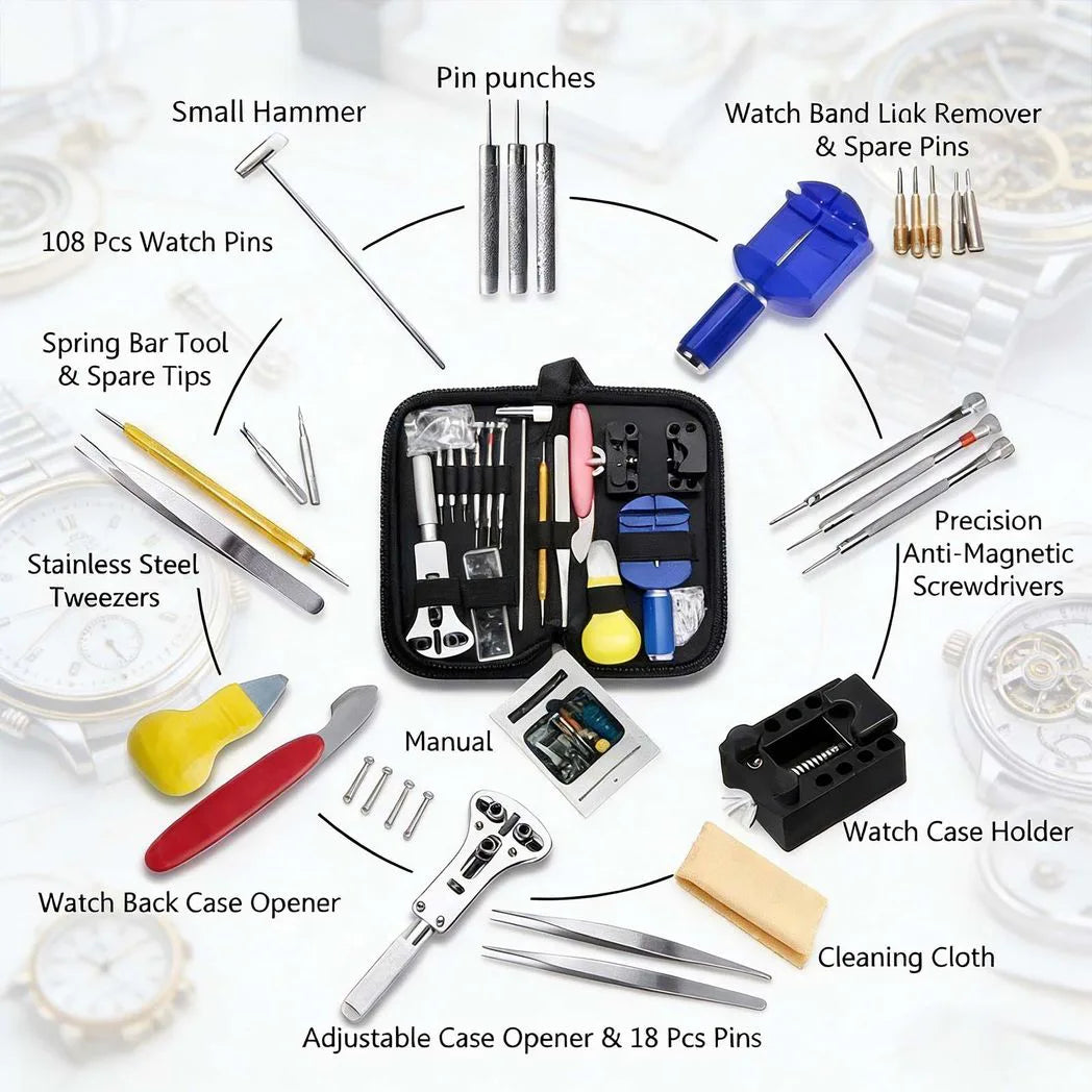 147 Piece Watch Repair Tool Kit with Case Opener, Spring Bar Tools & Tweezers – Watchmaker Set in Nylon Case