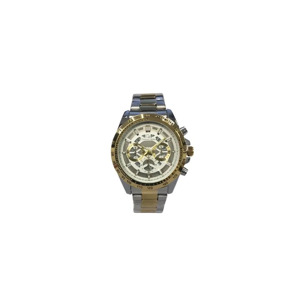 Christyan Arden Mens New FK Fashion Dated Multi White Dial Analogue 2 Tone Metal Bracelet Strap Watch