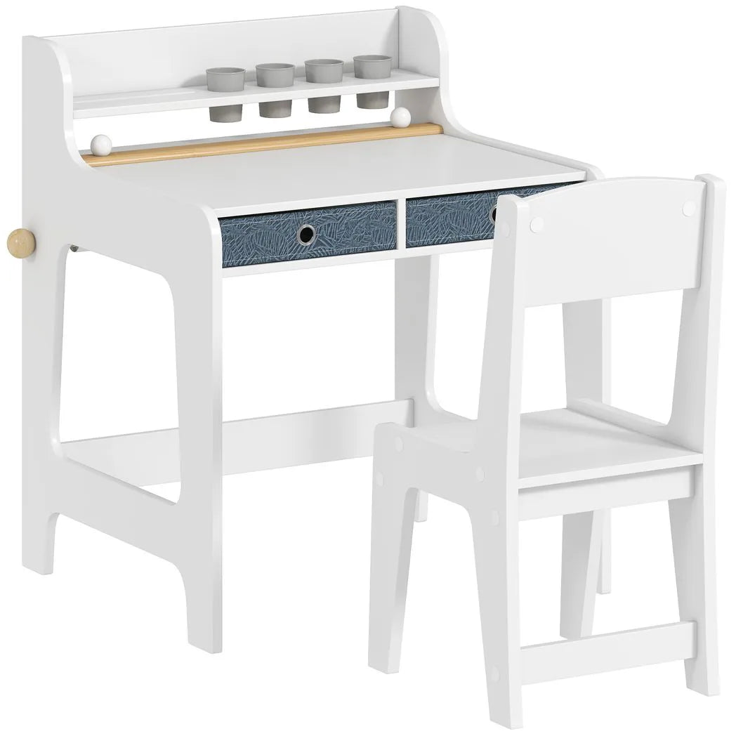 AIYAPLAY Kids Art Table and Chair Set with Storage Shelf, Drawers and Paper Roll Holder – Children's Desk, White