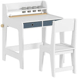 AIYAPLAY Kids Art Table and Chair Set with Storage Shelf, Drawers and Paper Roll Holder – Children's Desk, White