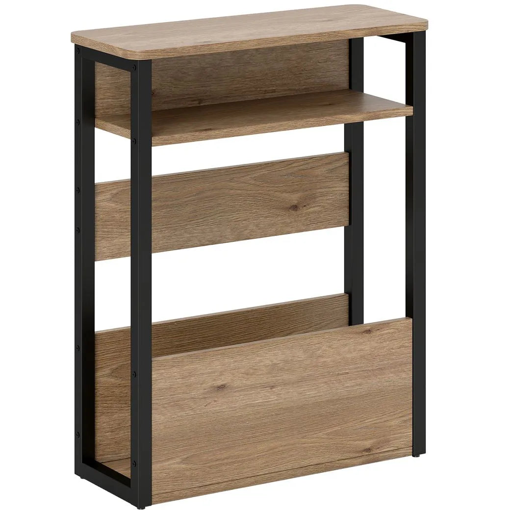 HOMCOM Industrial-Style Side Table with 2 Shelves and Metal Frame – Narrow Hallway & Bedroom Storage, Black and Walnut Brown