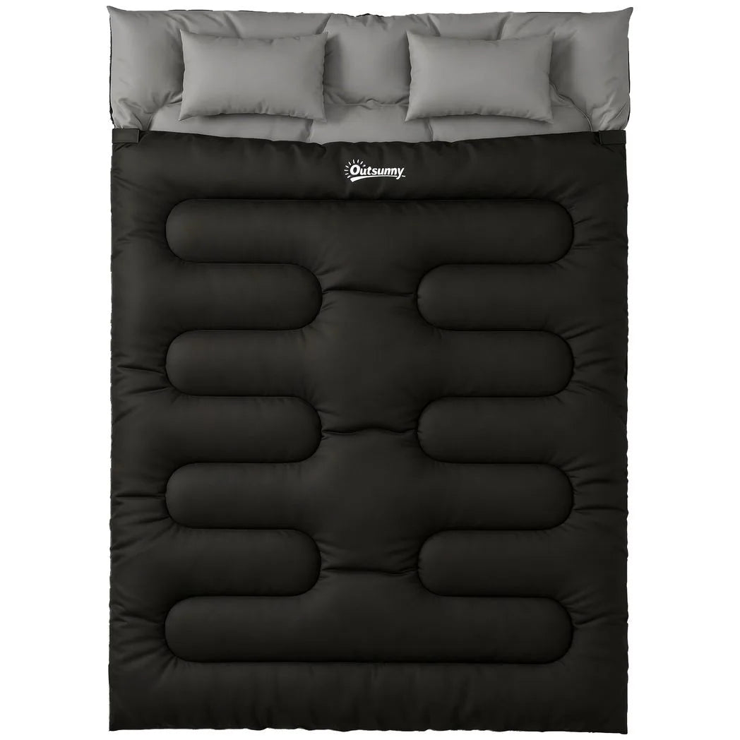 Outsunny Double Sleeping Bag with 2 Pillows, 220 x 160 cm – Extra-Large Convertible Camping Bag for Adults, Black