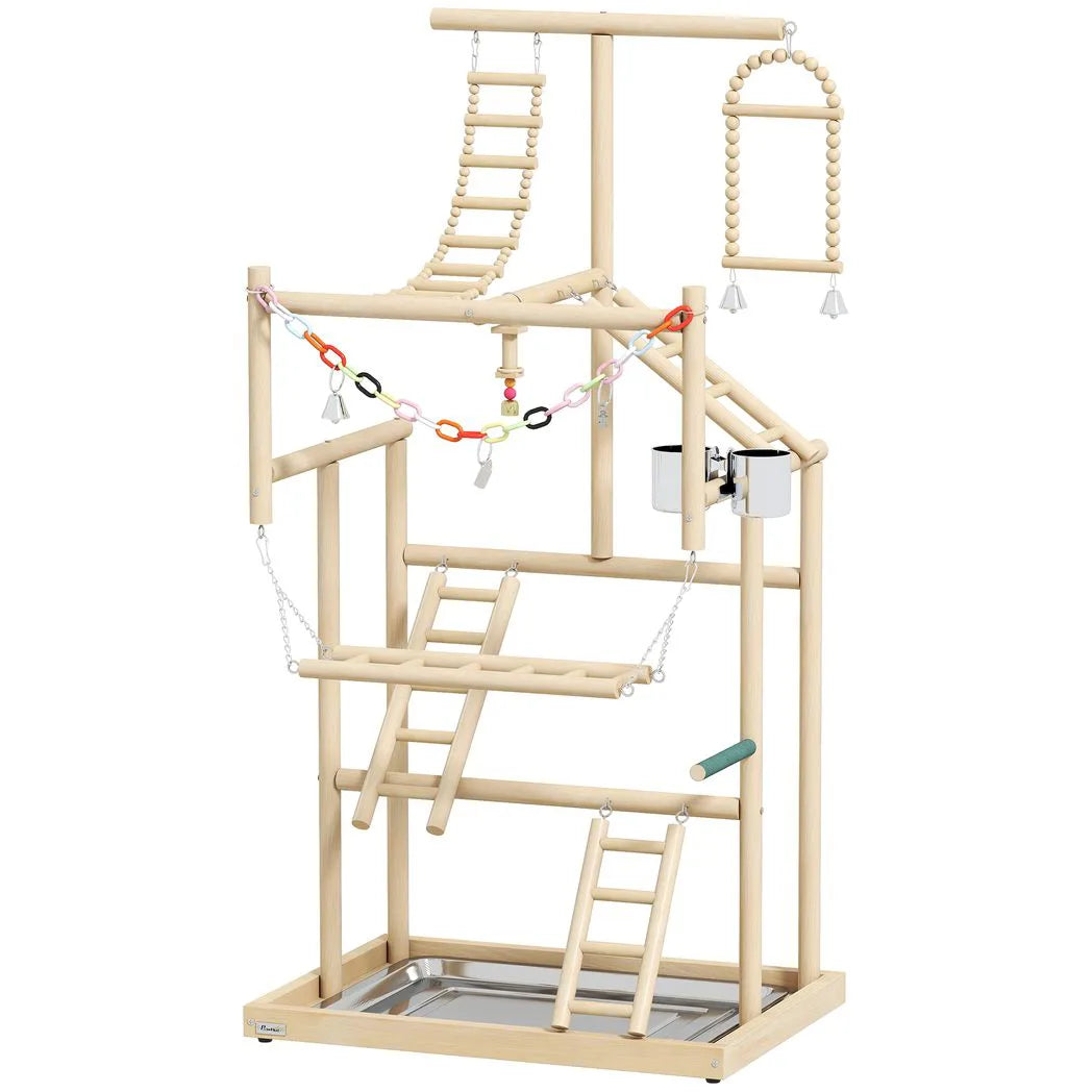 PawHut 95 cm Wooden Bird Playground with Ladders, Chain Toy and Steel Tray – Parrot Play Stand, Natural