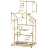PawHut 95 cm Wooden Bird Playground with Ladders, Chain Toy and Steel Tray – Parrot Play Stand, Natural