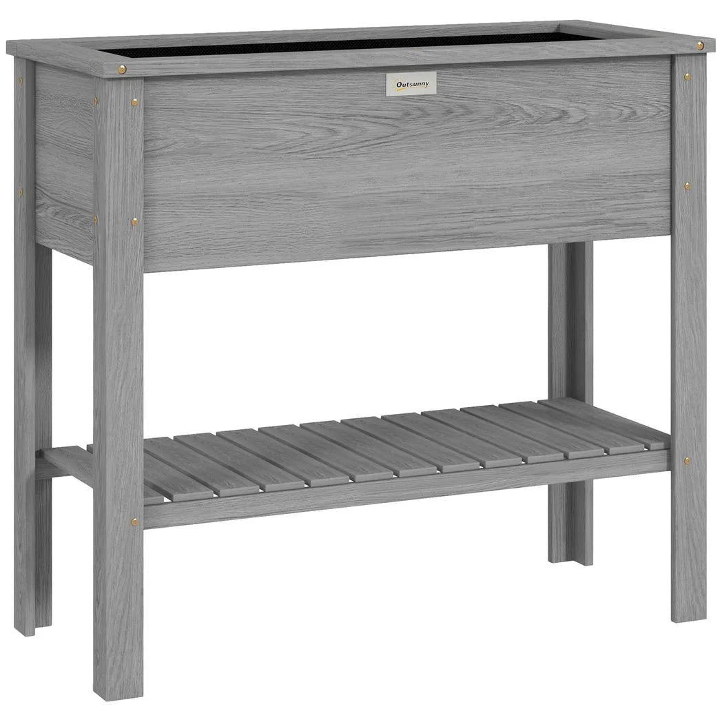 Outsunny Wooden Raised Garden Bed with Storage Shelf & Drainage Holes – 2-Tier Elevated Planter Box, Grey
