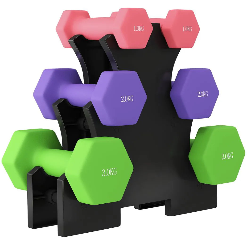 SPORTNOW Hex Dumbbell Set with Storage Rack, 12kg Total (2 x 1kg, 2 x 2kg, 2 x 3kg) – Home Gym Hand Weights
