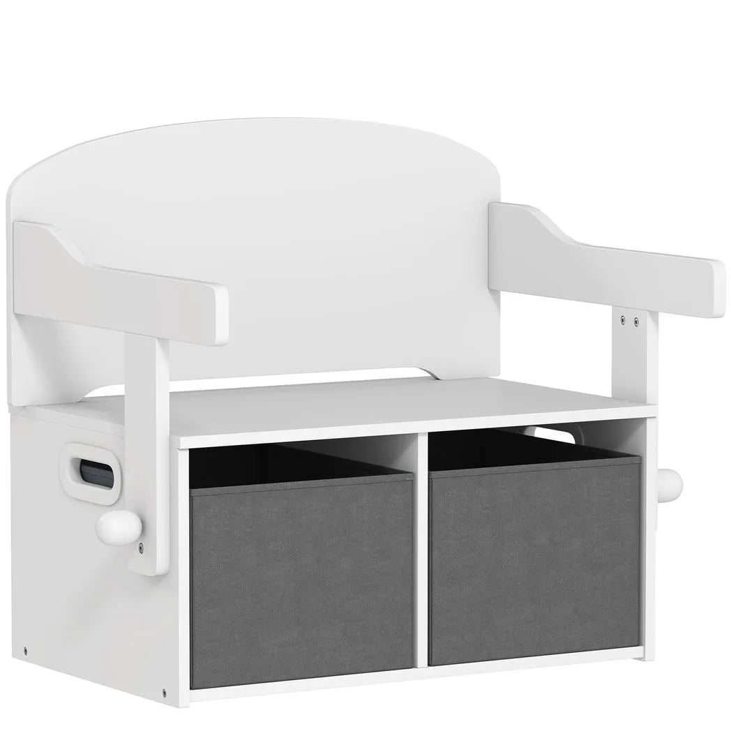 AIYAPLAY 3 in 1 Kids Storage Bench – Convertible Table and Chair Set with 2 Fabric Bins and Toy Box, White