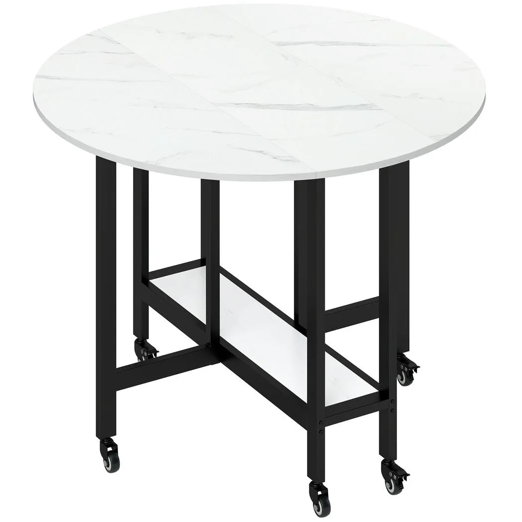 HOMCOM Folding Drop Leaf Dining Table with Open Shelf and Lockable Wheels – Small Spaces, White Marble