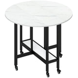 HOMCOM Folding Drop Leaf Dining Table with Open Shelf and Lockable Wheels – Small Spaces, White Marble