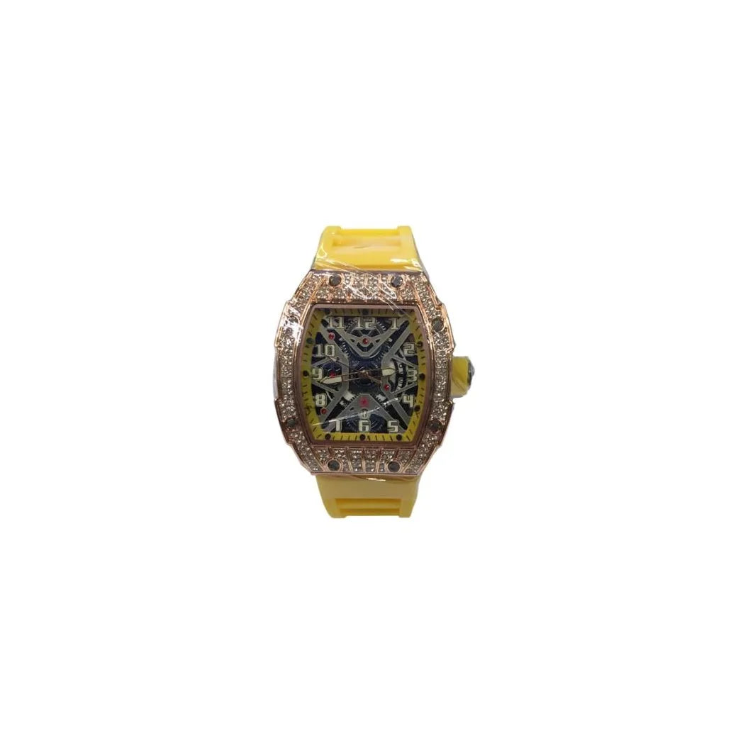 Longbo Gents Quartz Skeleton Watch with Clear Dial and Yellow Rubber Strap – Rose Bling Fashion Wrist Watch