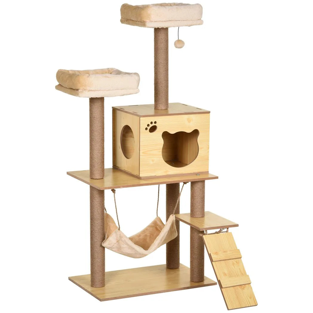 PawHut 130cm Plush Cat Tree with Five Scratching Posts, Two Perches, Cat House & Hammock