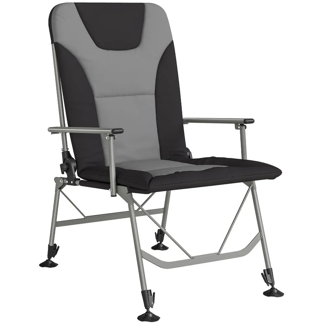 Outsunny Reclining Camping Chair with Padded Seat, Wide Armrests & Adjustable Legs – Folding Fishing Chair, Black