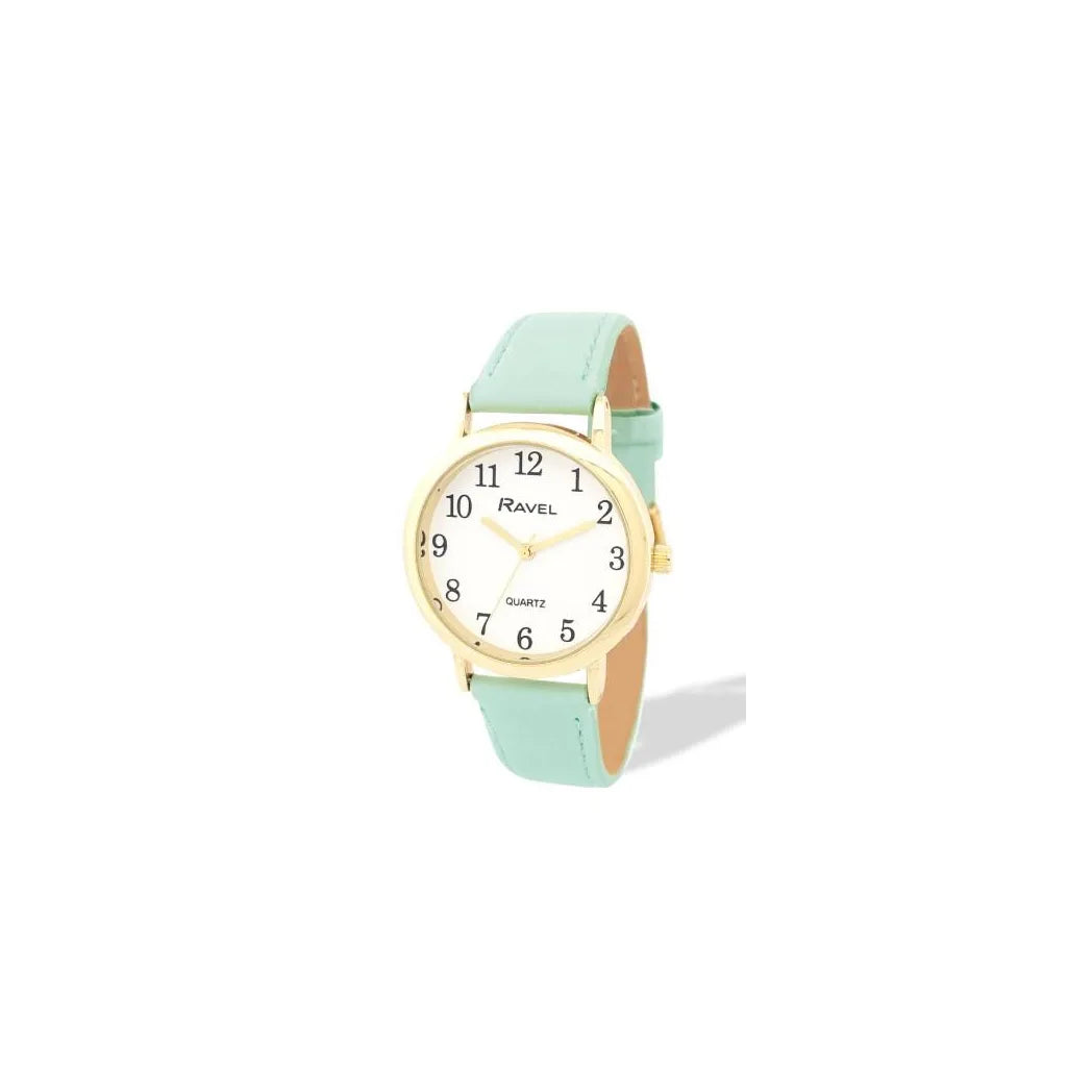 Ravel Ladies Gold-Tone Watch with White Dial and Green Faux Leather Strap, Medium Case