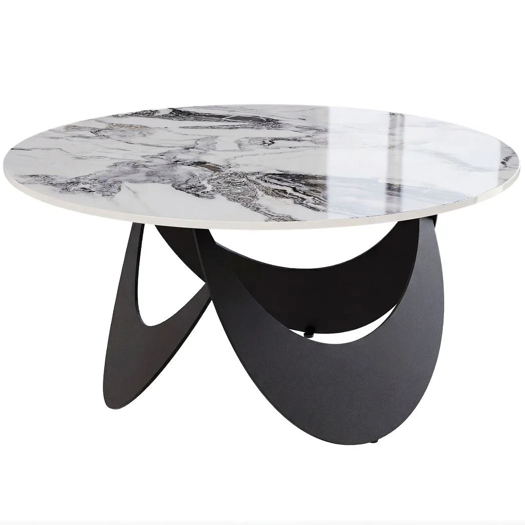 HOMCOM Round Coffee Table with Sintered Stone Top and Adjustable Foot Pads – Living Room, White and Black