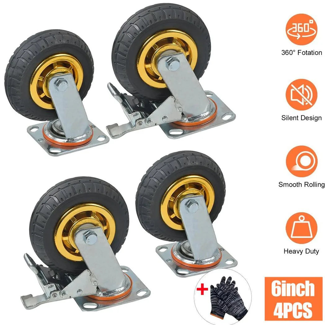 Heavy Duty Swivel Castor Wheels, Set of 4 – 150mm Rubber, 750kg Load, 2 with Brakes