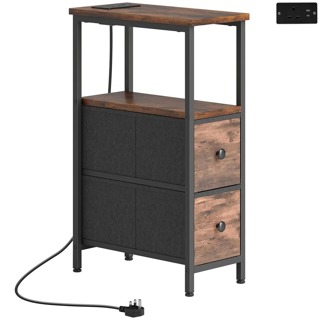 HOMCOM Narrow Bedside Table with Charging Station, 2 Fabric Drawers, AC Outlet and USB Ports, Industrial