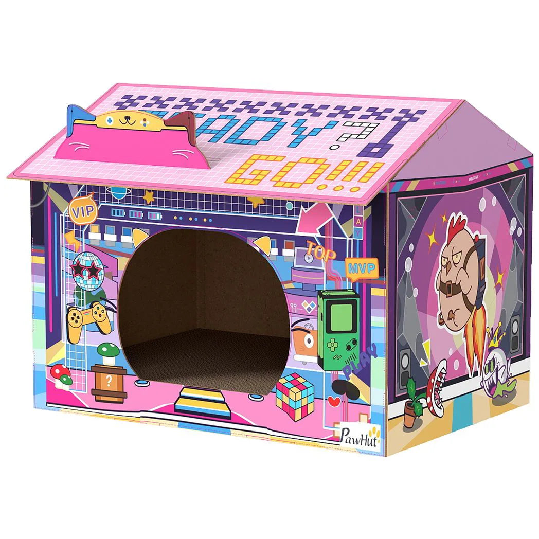 PawHut 2-in-1 Gaming-Style Cardboard Cat House with Scratching Board and Catnip – Indoor Cat Scratcher, Pink