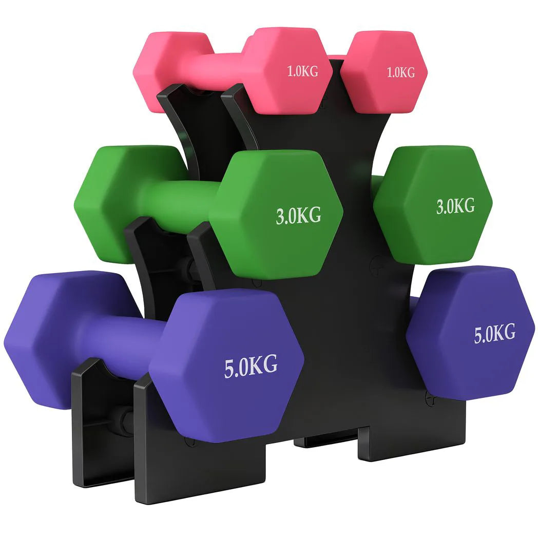 SPORTNOW Hex Dumbbells Set with Rack, 2 x 1kg, 2 x 3kg, 2 x 5kg – Home Gym Hand Weights for Strength Training