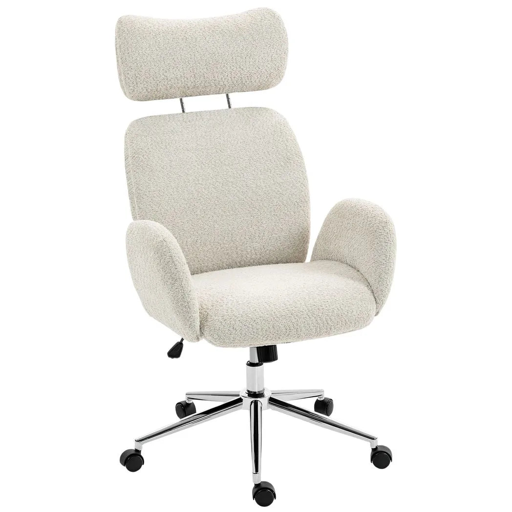 HOMCOM Boucle Office Chair with Adjustable Headrest and Spring Pack – Ergonomic High Back Chair, Pale Grey