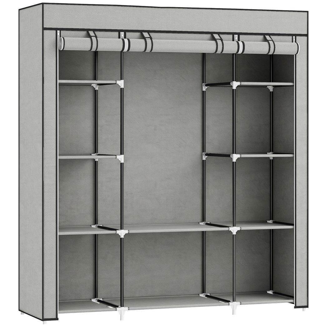HOMCOM Foldable Wardrobe with 10 Shelves and Hanging Rail – Portable Fabric Clothes Organiser, Light Grey