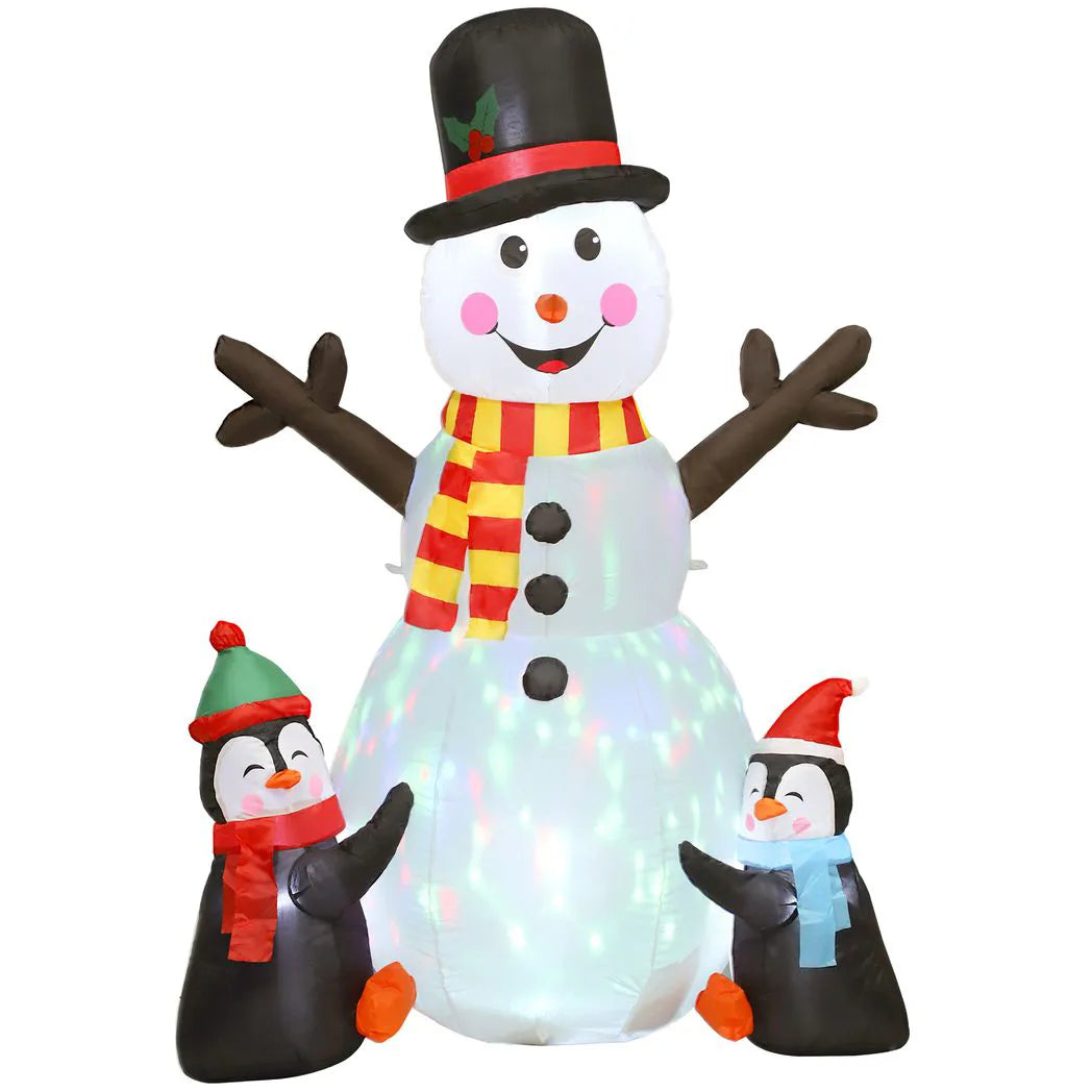 Outsunny 6FT Christmas Inflatable Snowman and Penguins with Built-In LED Lights and Projector – Indoor Outdoor Garden Decoration